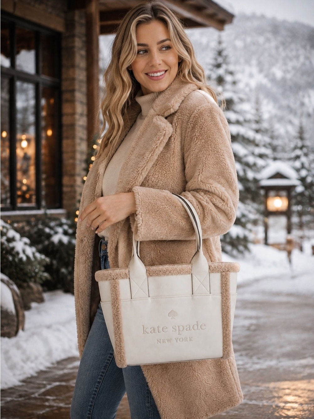 kate spade Cream and Beige Shearling-Trim Tote - Picture 6 of 6